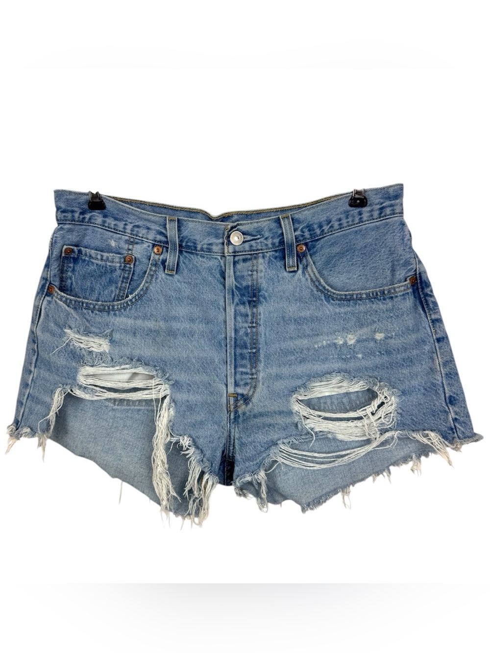 Levi's 501 Shorts Womens 32 Blue Distressed Denim High Rise Cut Off Frayed Hem